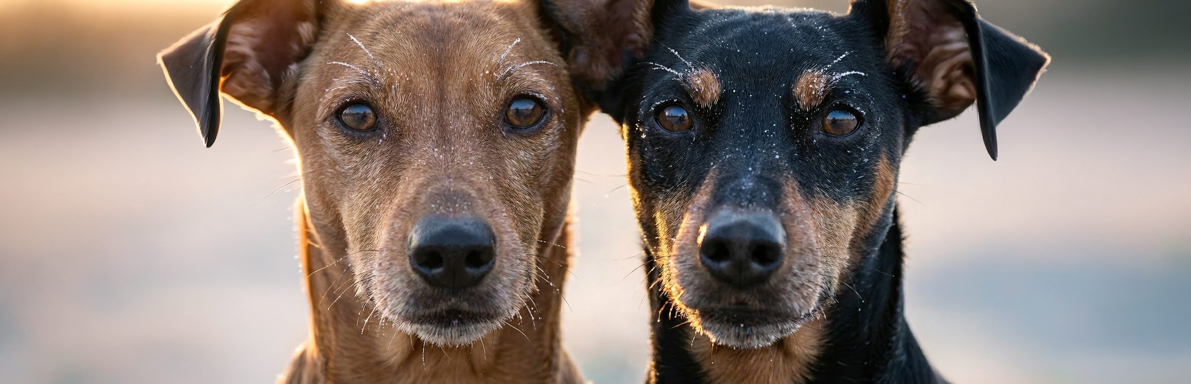 Zwei Deutsche Pinscher schauen nebeneinander in die Kamera