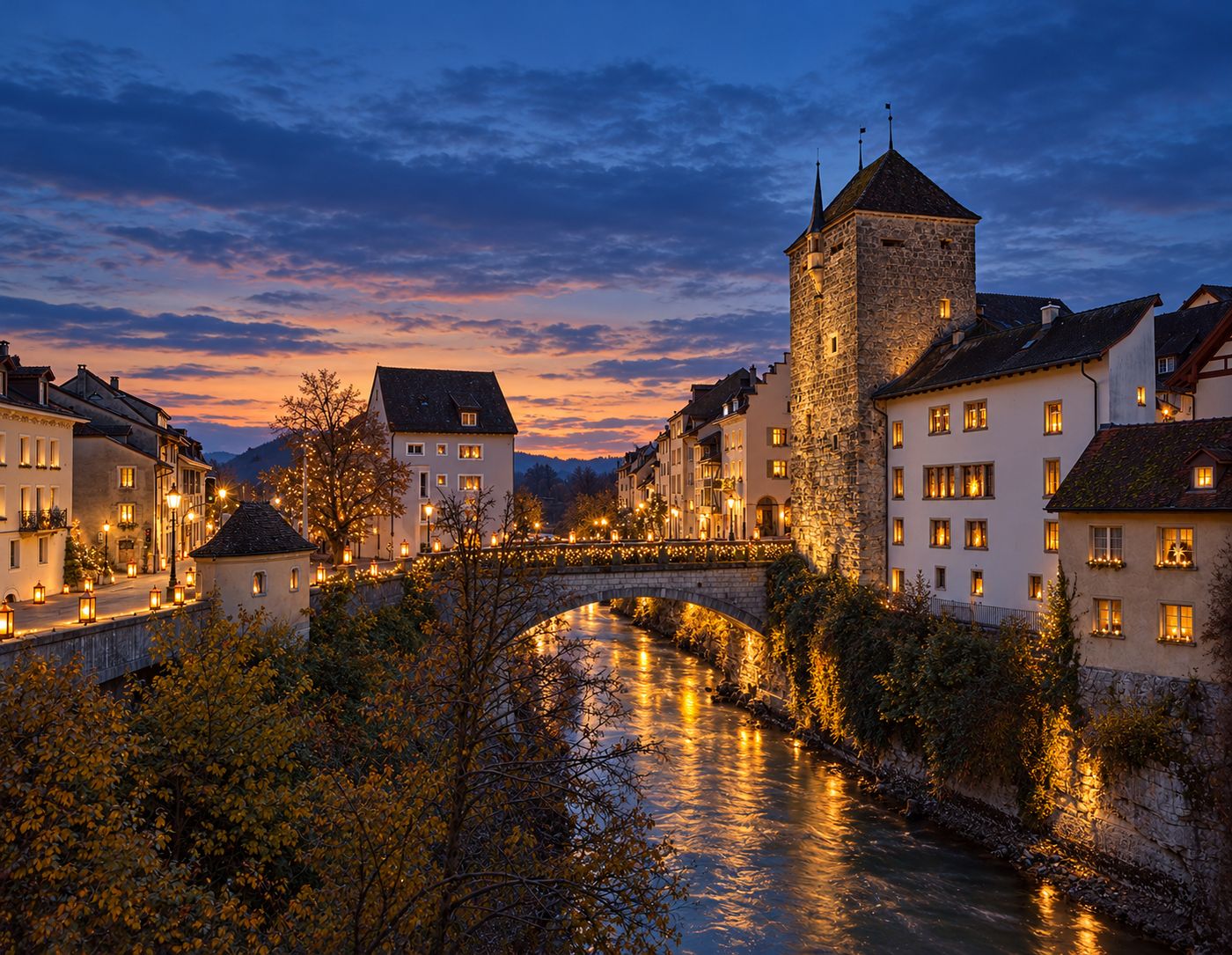 Die Altstadt von Brugg mit dem Schwarzen Turm an der Aare am Abend, mit Laternen beleuchtet